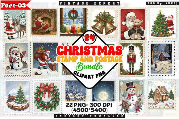 Christmas Postage Stamp Clipart Bundle: Festive Illustrations