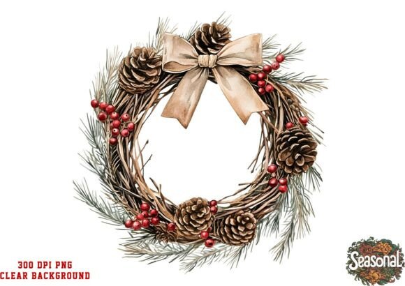 Cream Bow Christmas Wreath PNG: Illustrations for Design