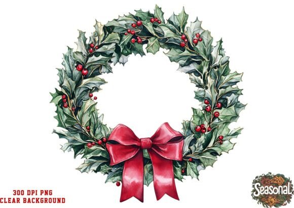 Pink Bow Christmas Wreath PNG: Branding & Illustrations
