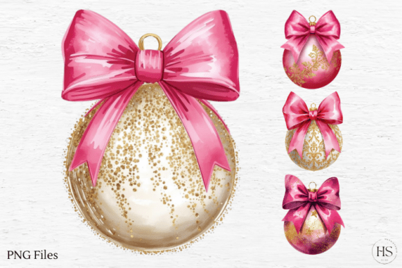 Pink Christmas Ball, Pink Ornament Bow Illustrations
