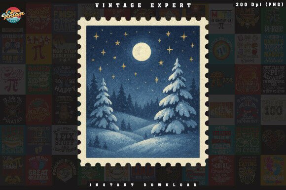 Vintage Christmas Night Scene Stamp PNG: Editorial Illustrations